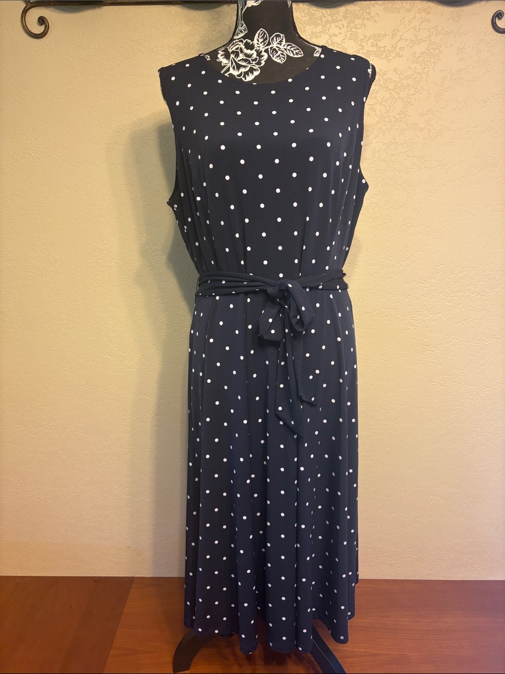 Charter Club Navy Polka Dot Sleeveless Tie-Waist Maxi Dress